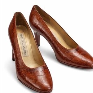 Martinez Valero Women Brown Croc Embossed Leather Heels Pumps Size 7.5